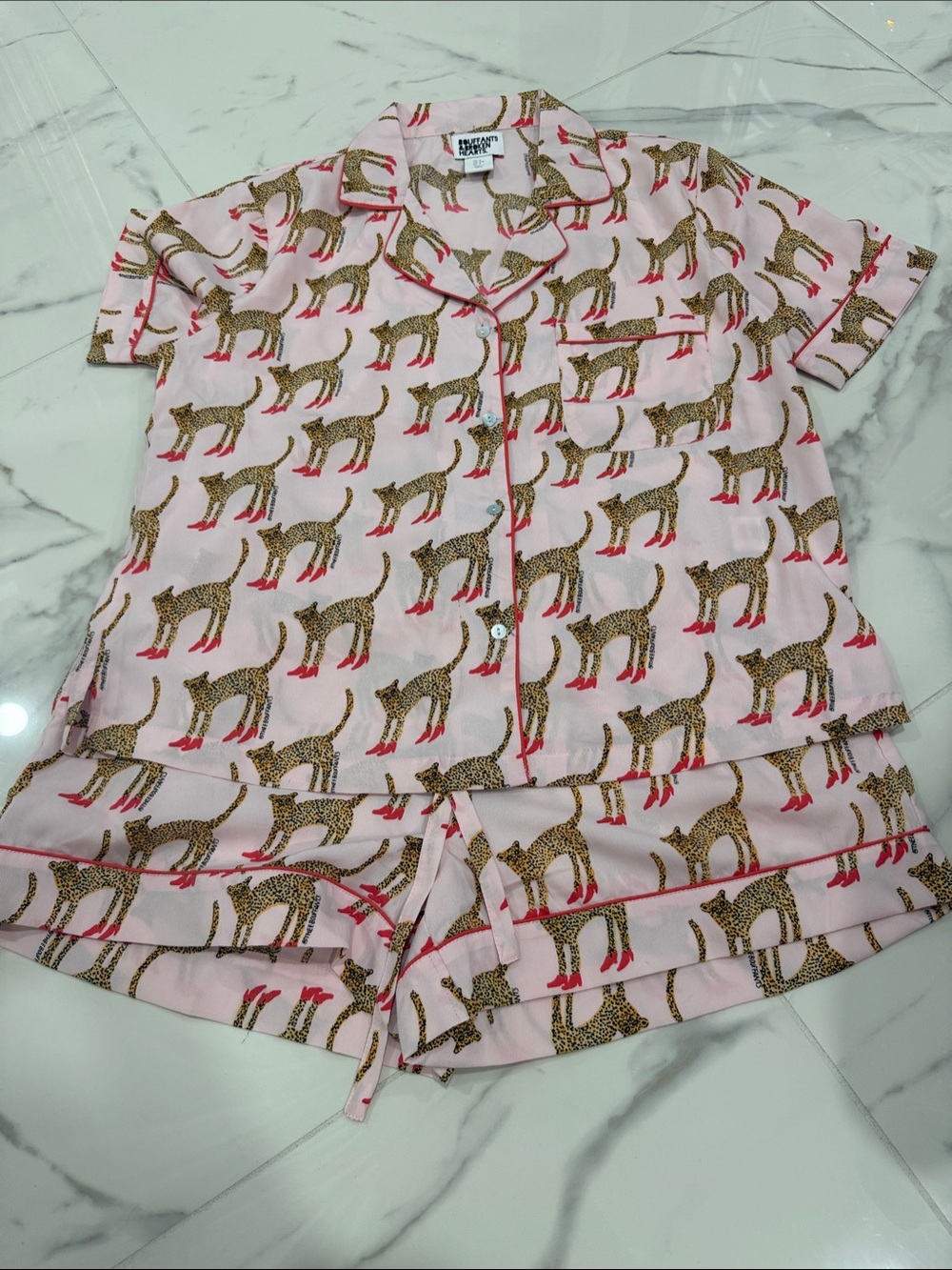 Pink Leopard Print Short Pajama Set with Red Accent